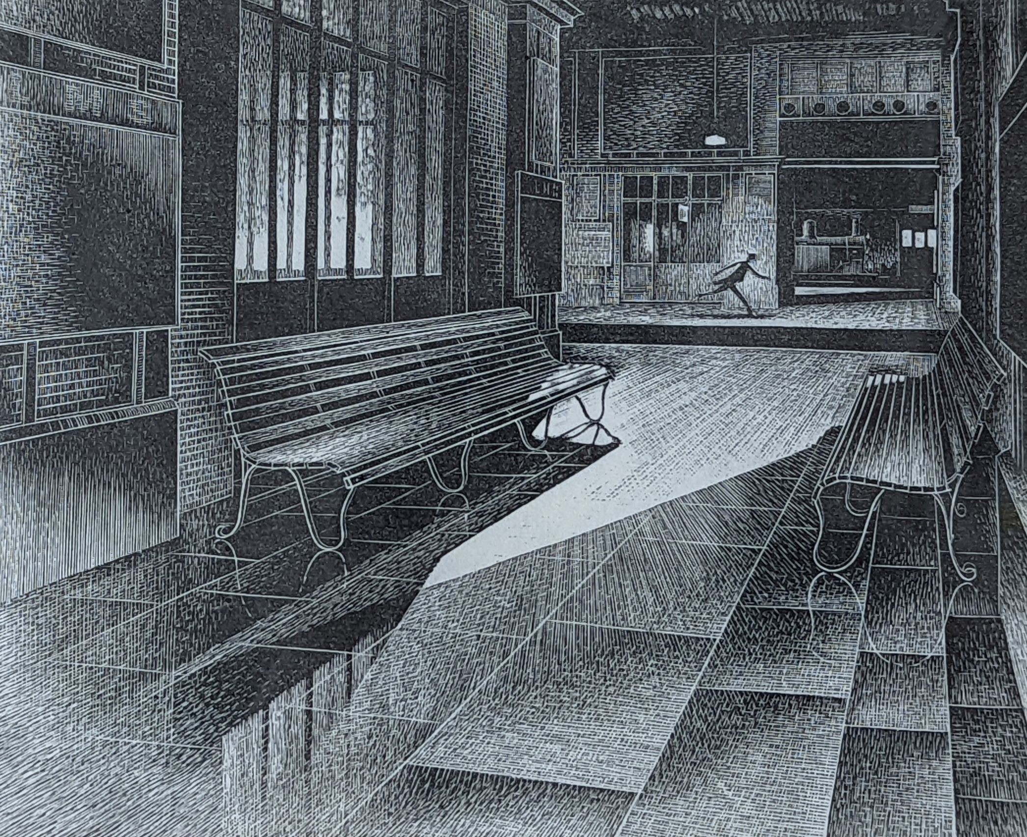 James Taylor Dolby (1909-1975), etching, Station interior, signed and dated 1952, 3/24, 12.5 x 15.5cm